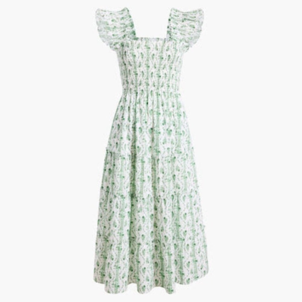 Hill House Floral Smocked Midi Dress in White and Green
